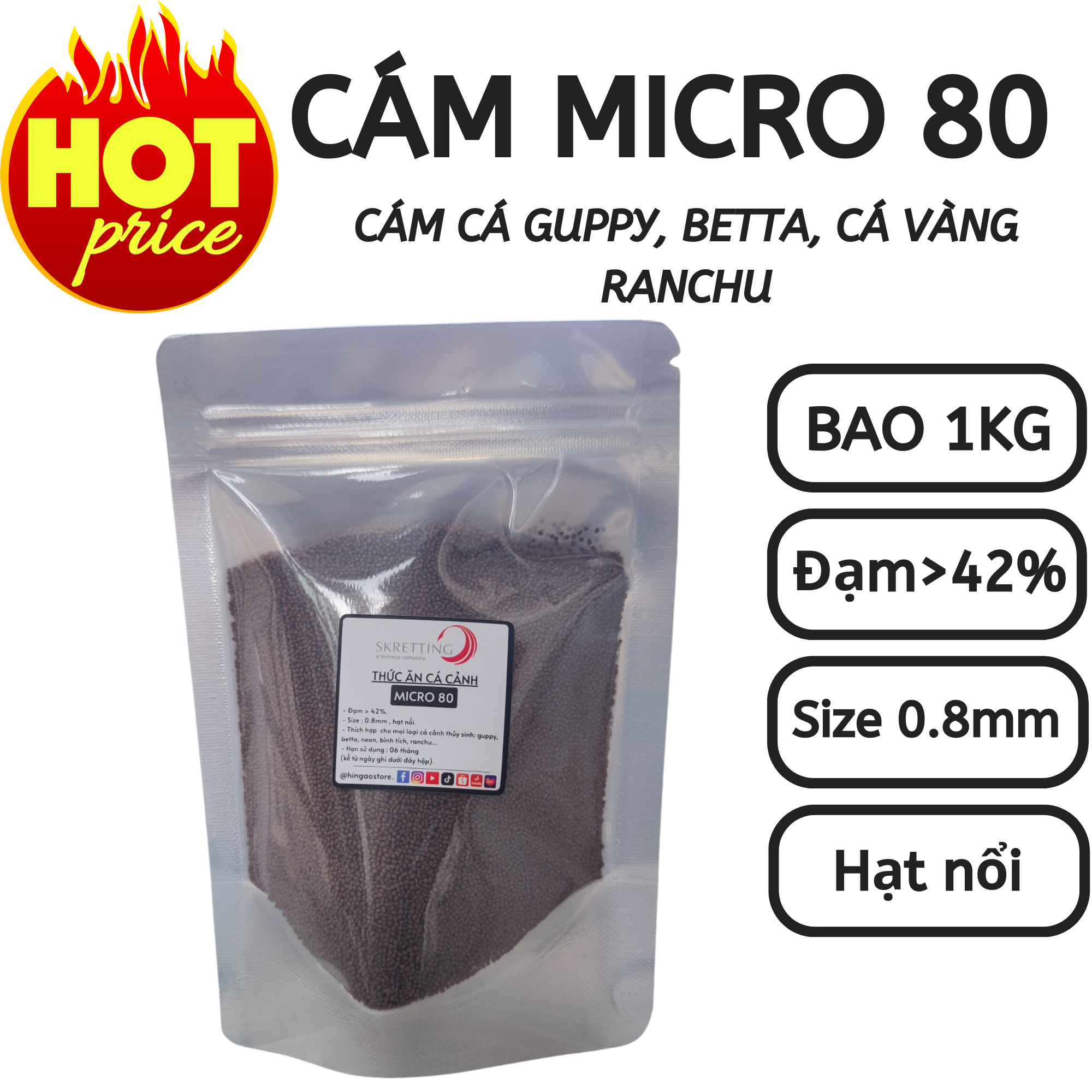 Bao 1kg cám micro 80 phù hợp cho mọi loại cá thủy sinh guppy, betta, ranchu, cá vàng | hingaostore.
