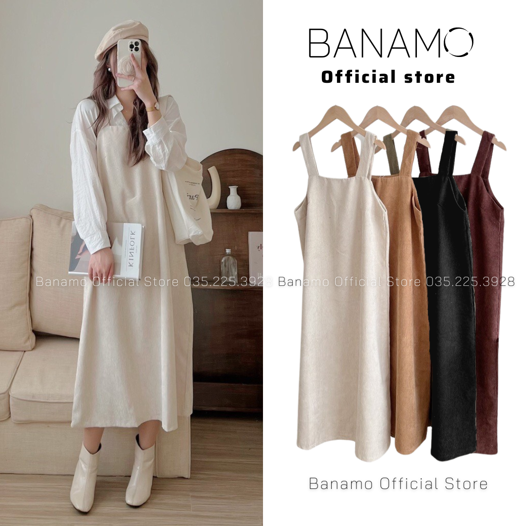 Yếm nhung nữ chính hãng Banamo Fashion váy yếm nữ hai dây quai to dáng dài nhung gân tăm 554