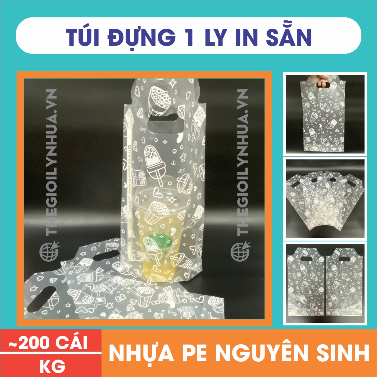1KG Túi đựng 1 ly in sẵn, túi 1 ly take away, túi đơn đựng ly mang đi in sẵn họa tiết