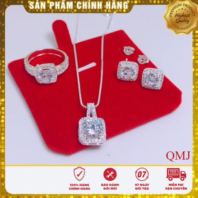 Bộ trang sức nữ bạc thật mặt đá vuông trẻ trung 3 món Dây chuyền, Nhẫn, Bông tai ,QMJ Cam kết chuẩn Bạc Ta sáng đẹp, bền màu không lo đen xỉn, giao hàng giống ảnh, đúng chất lượng