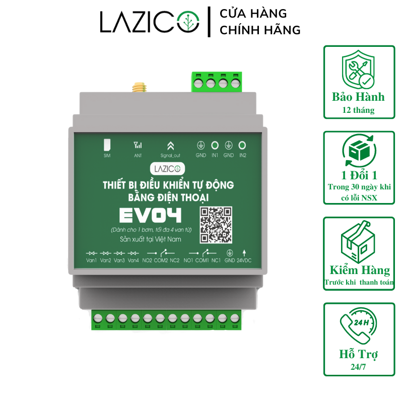 Bộ điều khiển từ xa bằng điện thoại cho máy bơm 220V và 4 van điện từ 24vdc LAZICO EV04
