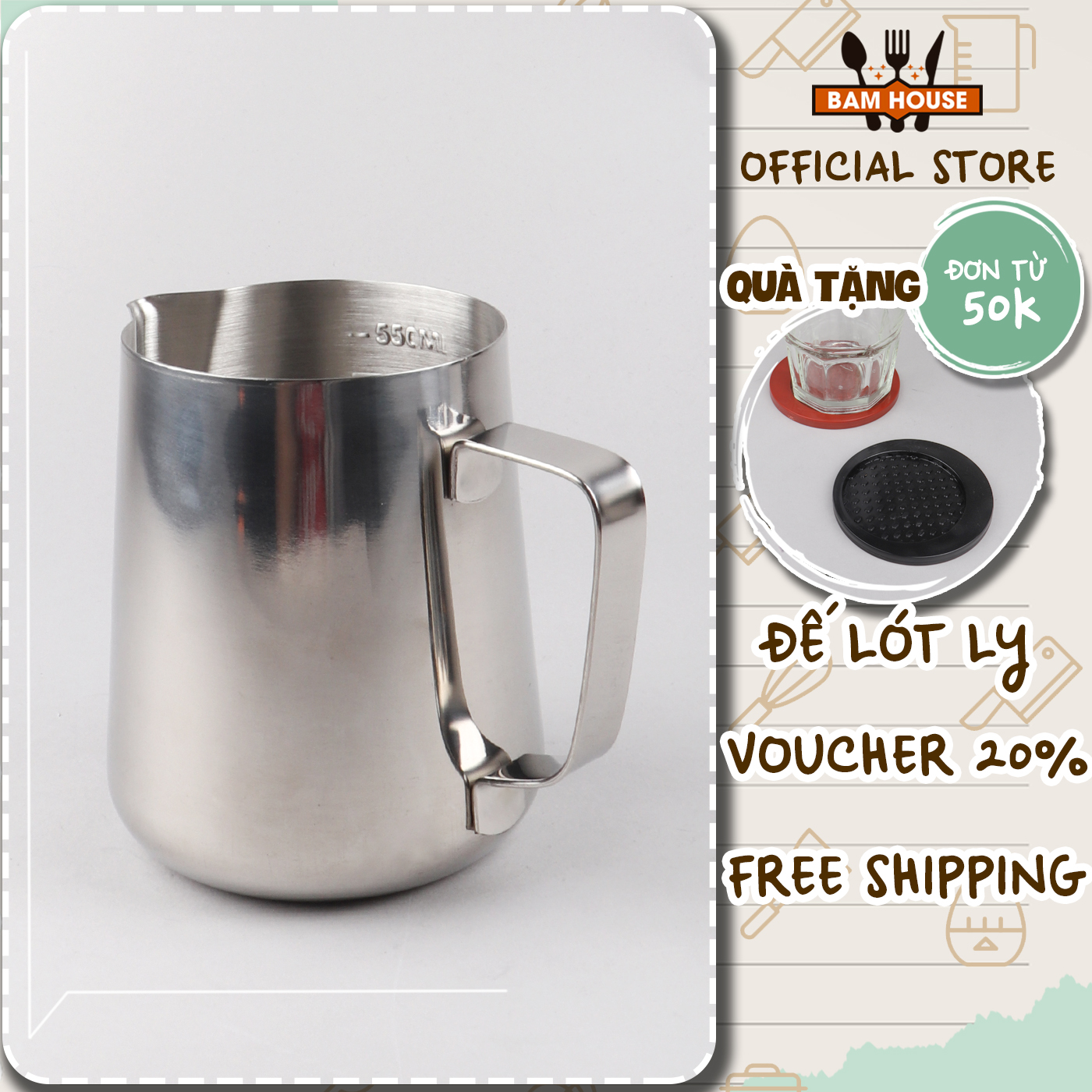 Ca đánh sữa inox 304 Bam House dung tích 600ml cao cấp CS01 – Super Đơn