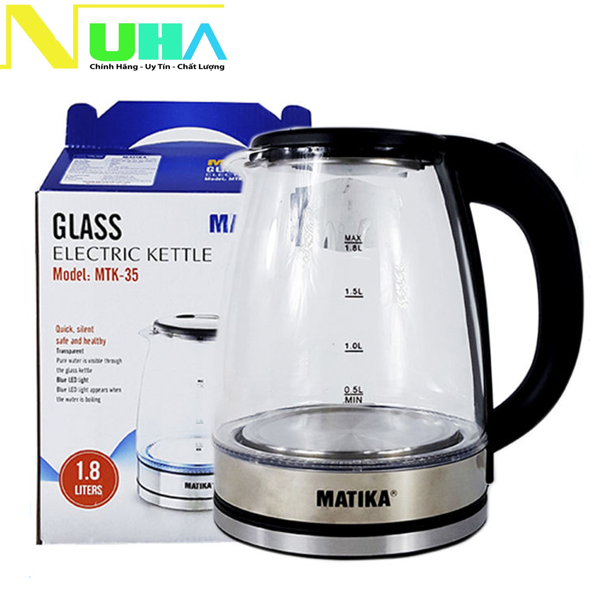 Ấm siêu tốc thủy tinh 1.8l matika mtk-35 công suất 1800w thiết kế hiện đại trong suốt đun nước siêu nhanh có đèn led khi sôi