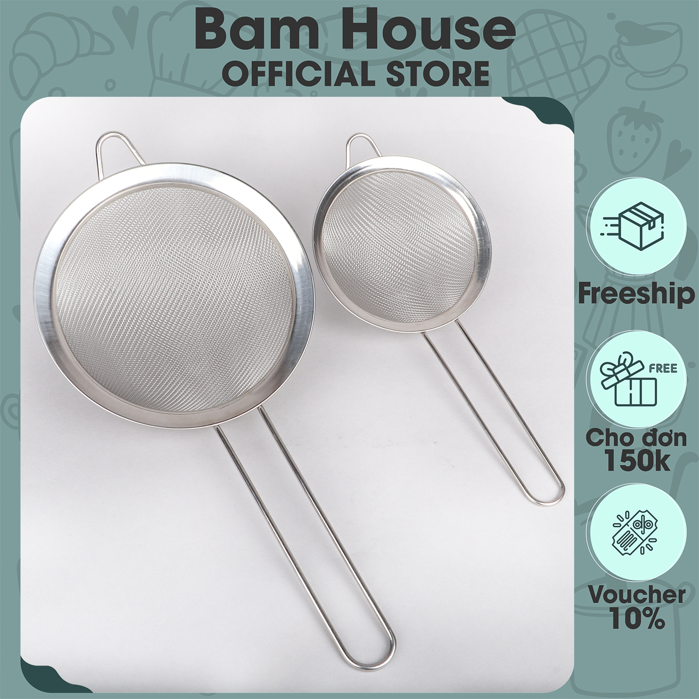 Rây lọc inox 2 lớp Bam House viền cứng tay cầm cách nhiệt cao cấp RLC05 - Gia dụng bếp