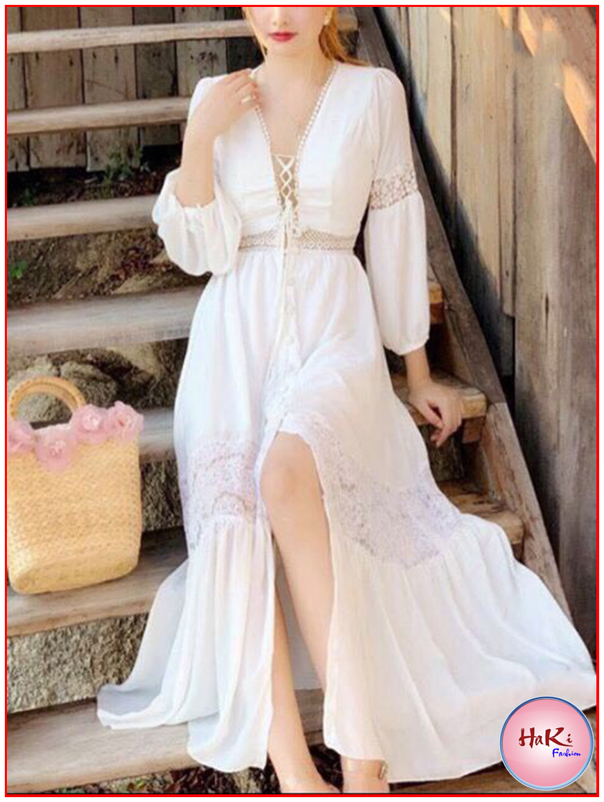 [HCM]Đầm váy nữ maxi Trắng đi biển phối ren xẻ tà sang trọng theo phong cách thời trang HAKI MSP010