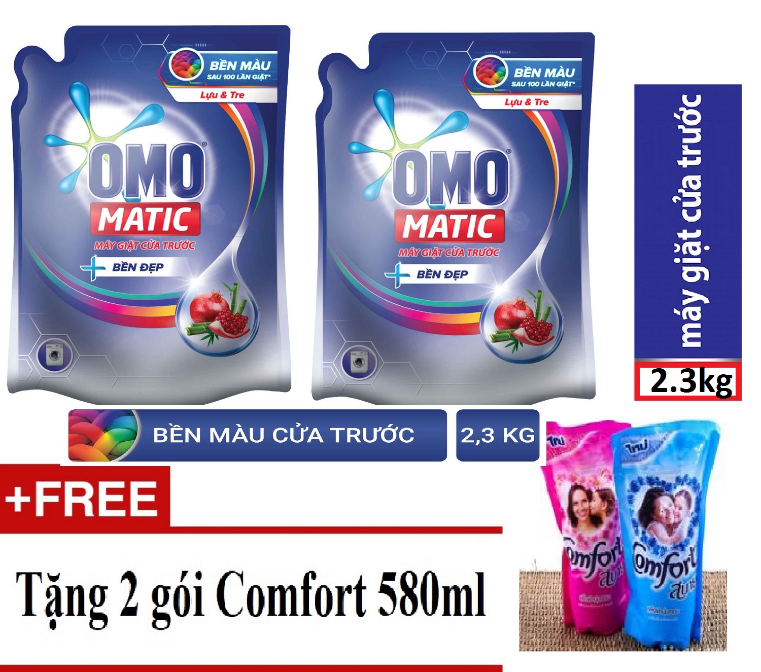 [CÓ QUÀ TẶNG] Combo 2 Túi Omo Nước giặt Matic XANH cửa trước 2.3kg + Tặng 02 gói Comfort 580ml/gói Gia Phát Trade