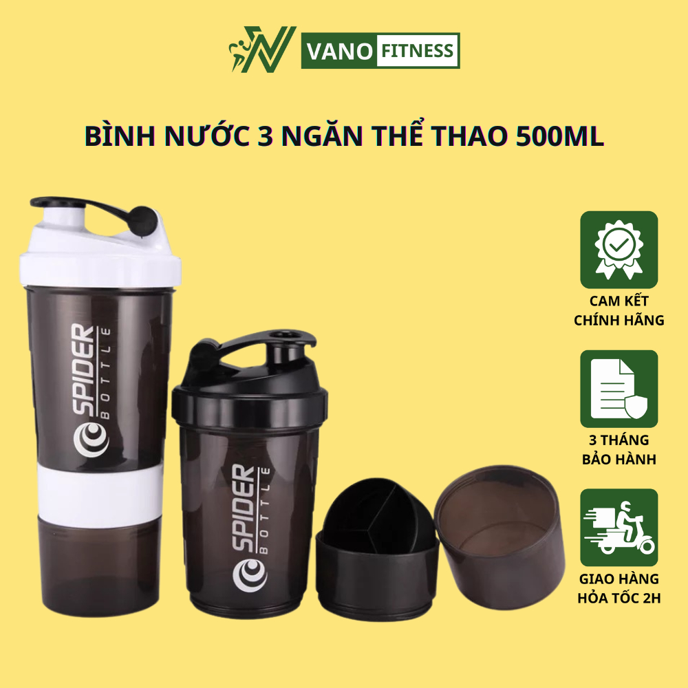 Bình nước tập gym 3 ngăn đựng whey có lắc lò xò tiện lợi vano fitness dung tích 500ml
