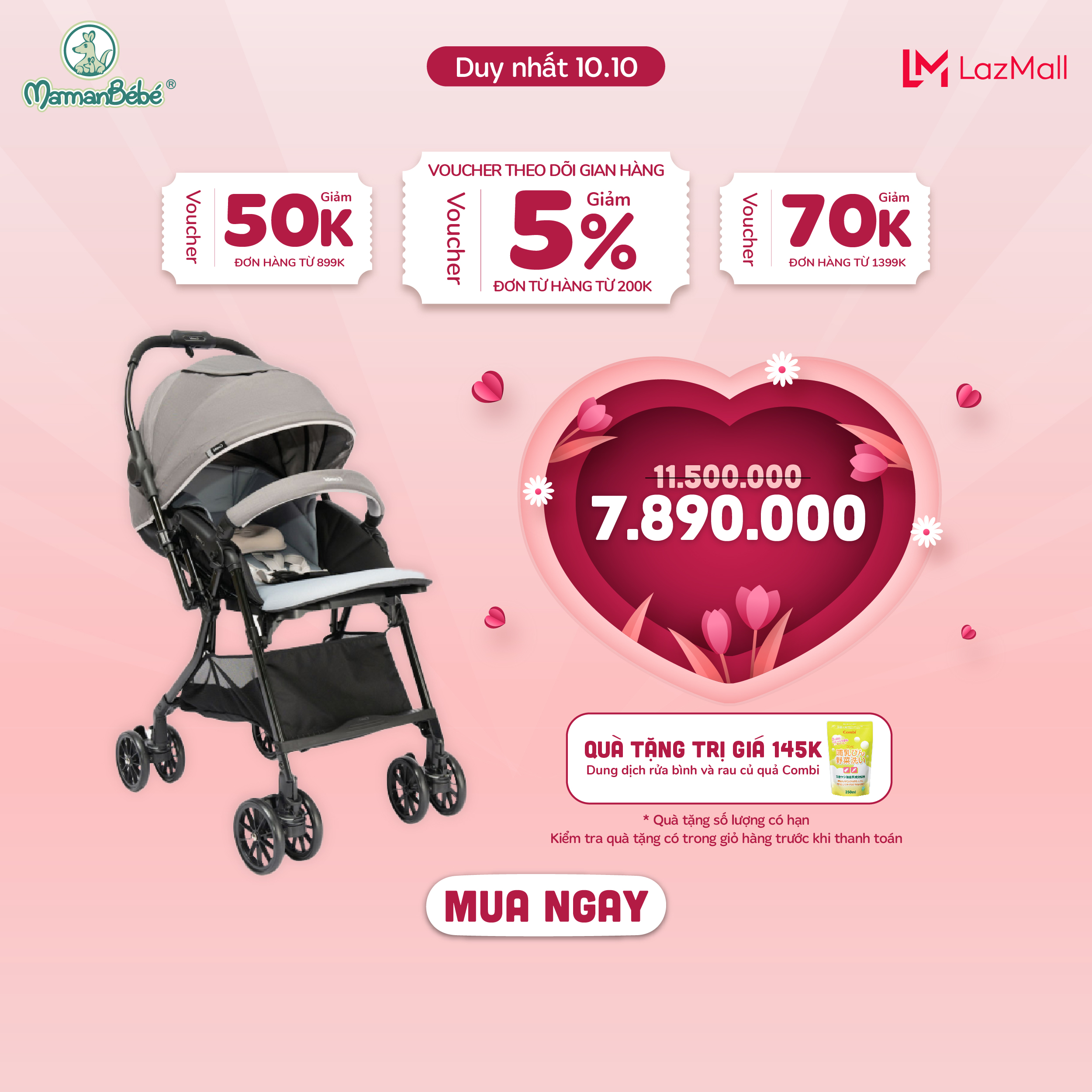 (MamanBébé chính hãng) Xe đẩy COMBI Handy 4Cas Compact - Đảo chiều tay cầm - Màu Ghi