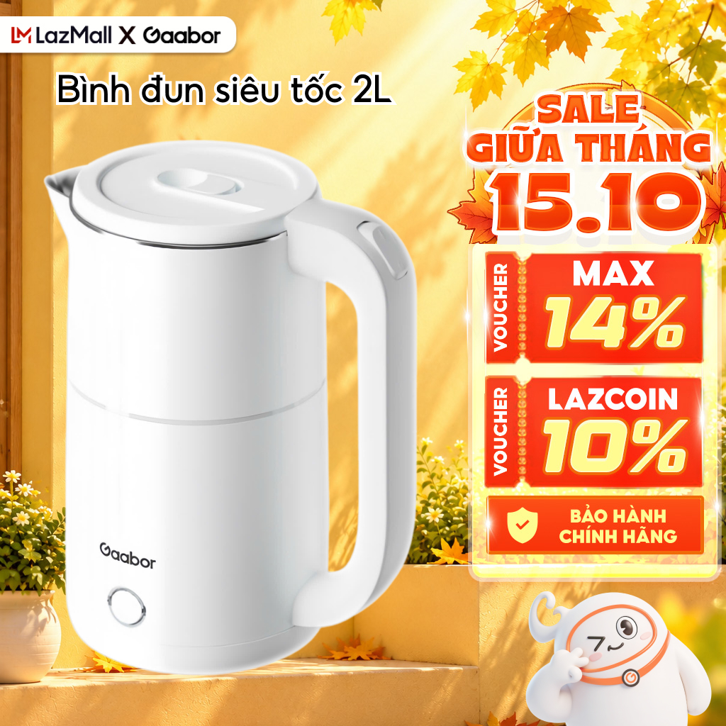 Gaabor Ek20M-Wh02A Electric Kettle, 2L Capacity, High-Quality Stainless Steel Kettle, 2-Layer Insulated Shell, Safe to Use - 12-Month Warranty, 1-for-1 Exchange