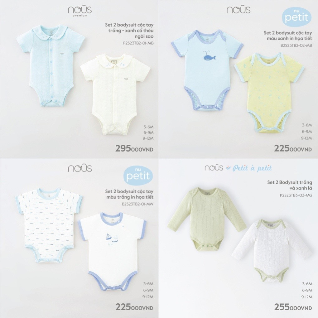 Set 2 bộ bodysuit Nous cộc tay/dài tay cho bé từ 3-6 tháng đến 9-12 tháng