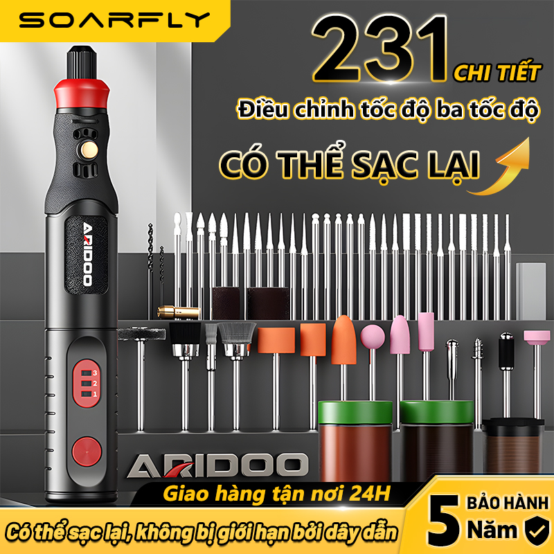 SOARFLY 【231/25PCS Set Máy mài khuôn điện mini, Máy Khoan mini, máy khoan điện mini, máy mài pin - 3 tốc độ quay, sạc pin| Cắt, khắc, phay, mài, vẽ, cắt tỉa, đánh bóng ( Máy mài cầm tay / máy mài mini /Máy mài chạm khắc )