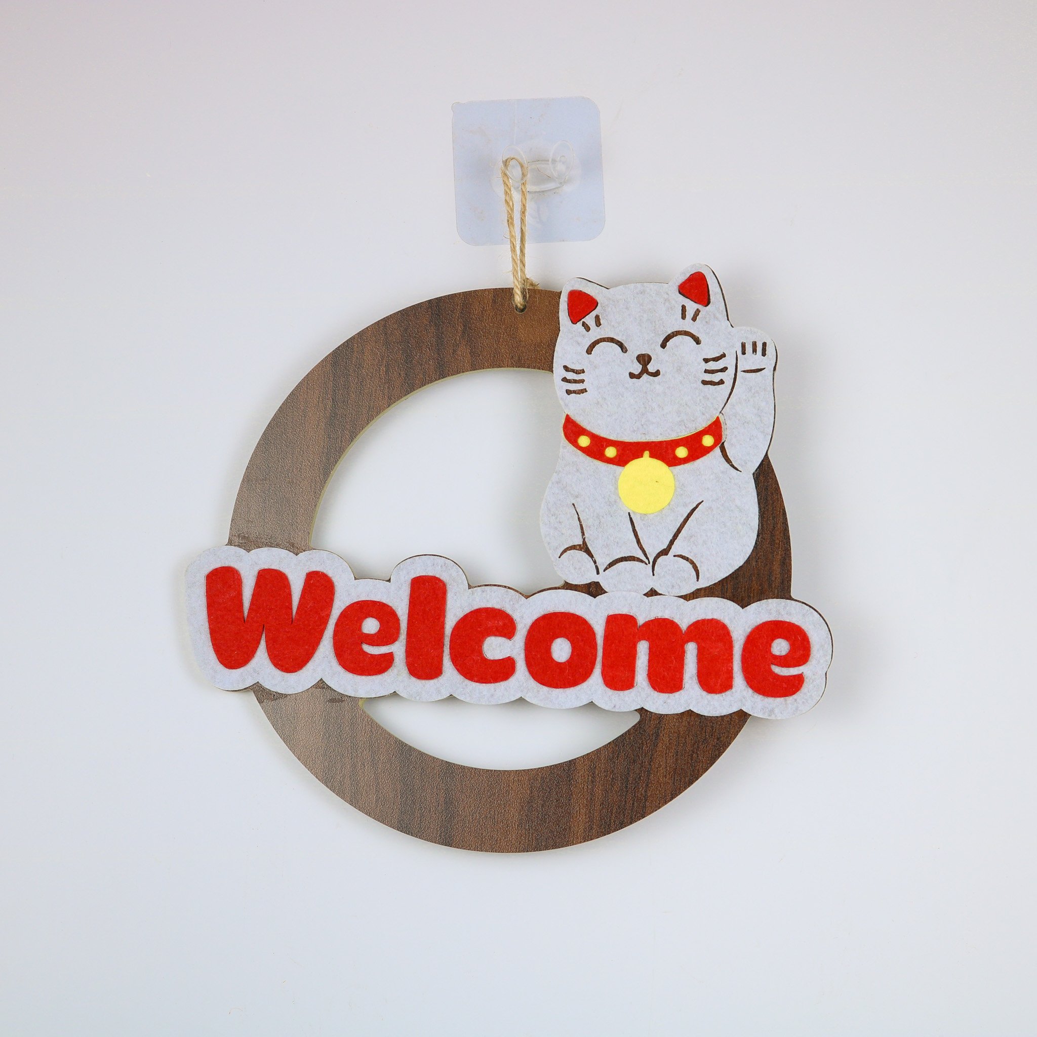 Bảng gỗ Welcome treo cửa hàng hình mèo thần tài