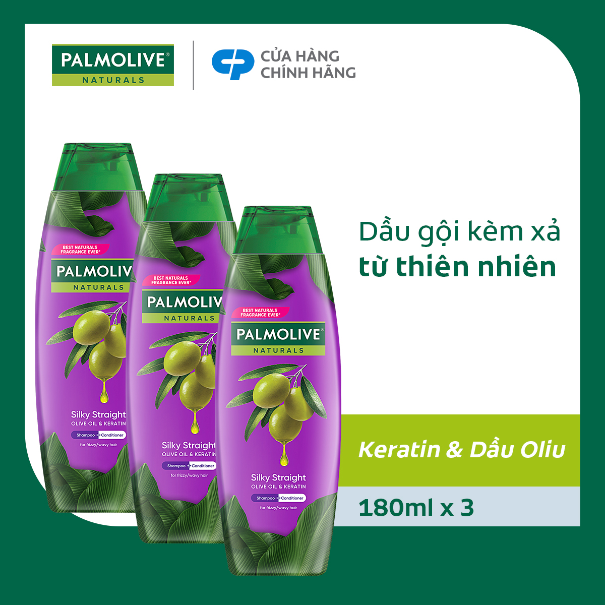 Bộ 3 Dầu gội Palmolive kèm xả 2-trong-1 chiết xuất thiên nhiên 180ml/chai