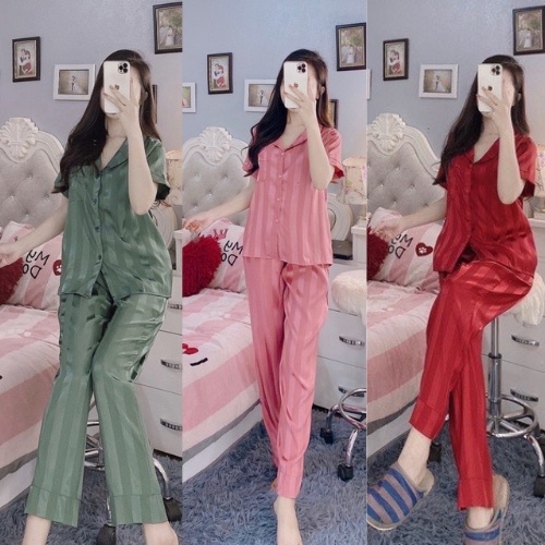 Đồ bộ pijama - bộ ngủ lụa gấm kẻ áo cộc -quần dài cao cấp bộ mặc nhà siêu xinh