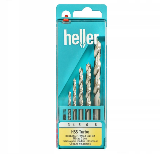 Hộp 5 mũi khoan gỗ heller hss- turbo 3/4/5/6/8mm chuôi tròn 288170