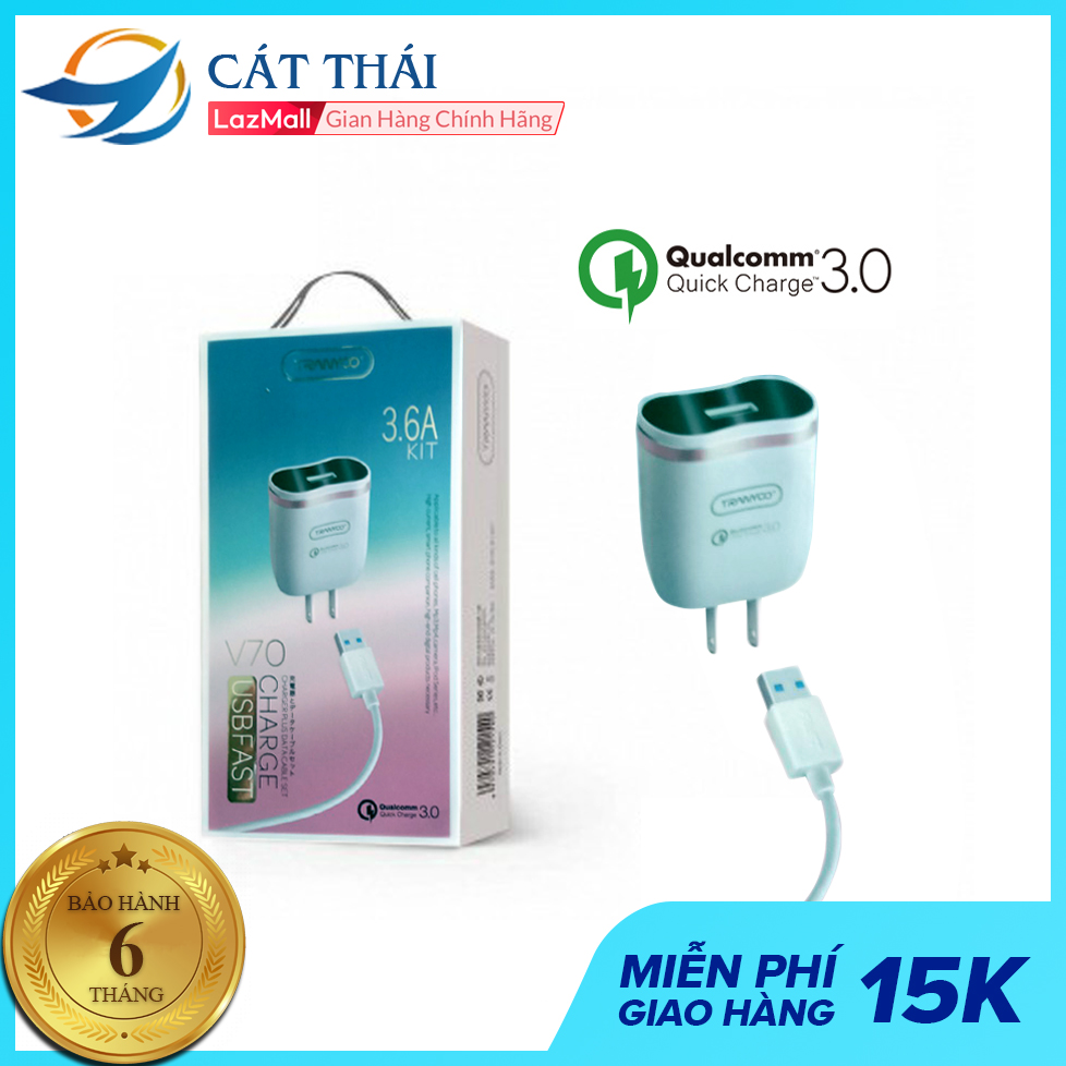 Củ Sạc Nhanh Chuẩn QC 3.0 Cát Thái Tích Hợp Chip Thông Minh An Toàn V70, tặng kèm cáp sạc điện thoại, củ sạc iphone, cục sạc iphone, cốc sạc điện thoại, cục sạc nhanh , phù hợp các tất cả các loại điện thoại