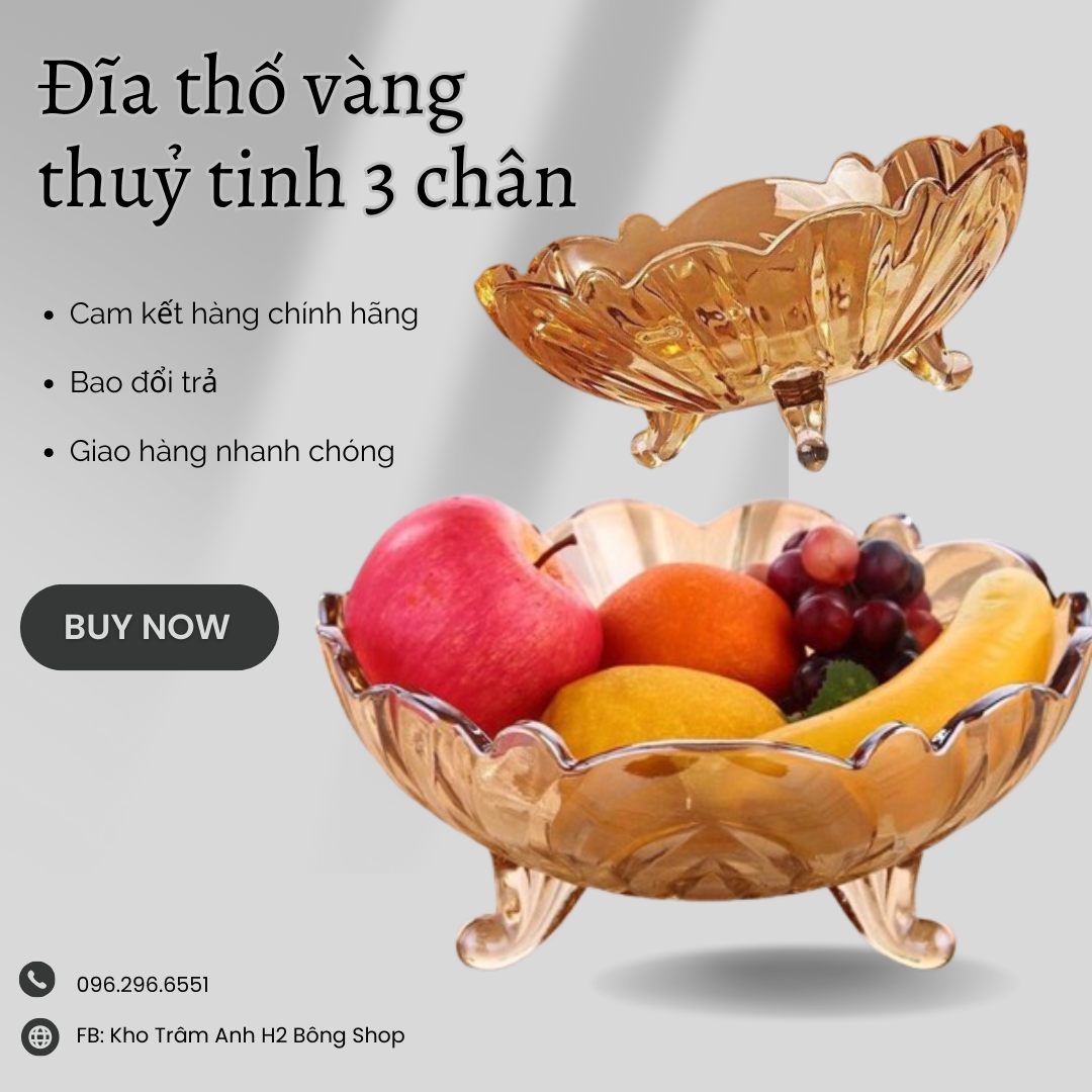 Thố thuỷ tinh 3 chân màu vàng- Đĩa thố thuỷ tinh chưng bàn, để trái cây, bánh mứt