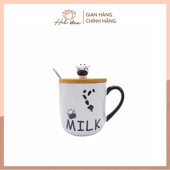 Cốc sứ văn phòng giữ nhiệt nóng lạnh 400ml, ly sứ uống nước hình con bò sữa có nắp đậy bằng sứ kèm muỗng + Hill Store