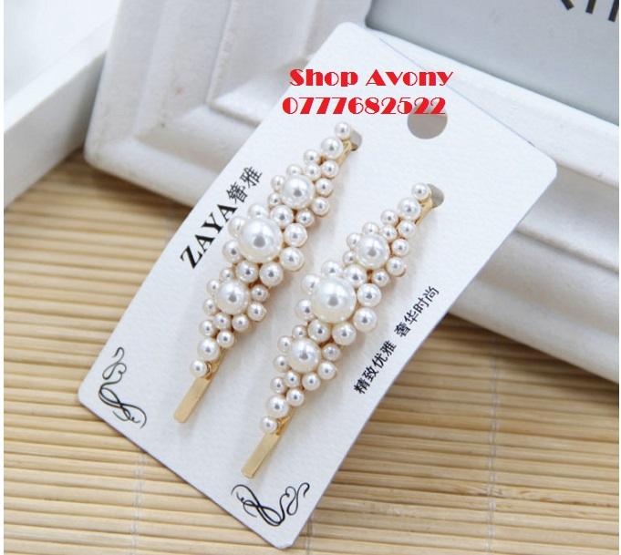 Kẹp tóc mái đính ngọc trai hoa to