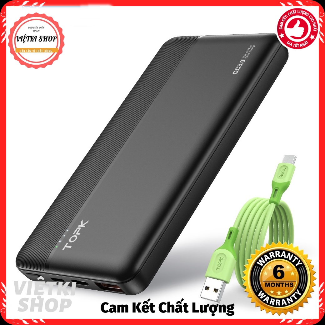 (Giá Hủy Diệt) Sạc Dự Phòng TOPK 10000MAh 18W Sạc Nhanh QC3.0 & PD 3.0, Có Đèn Led báo Dung Lượng, 2