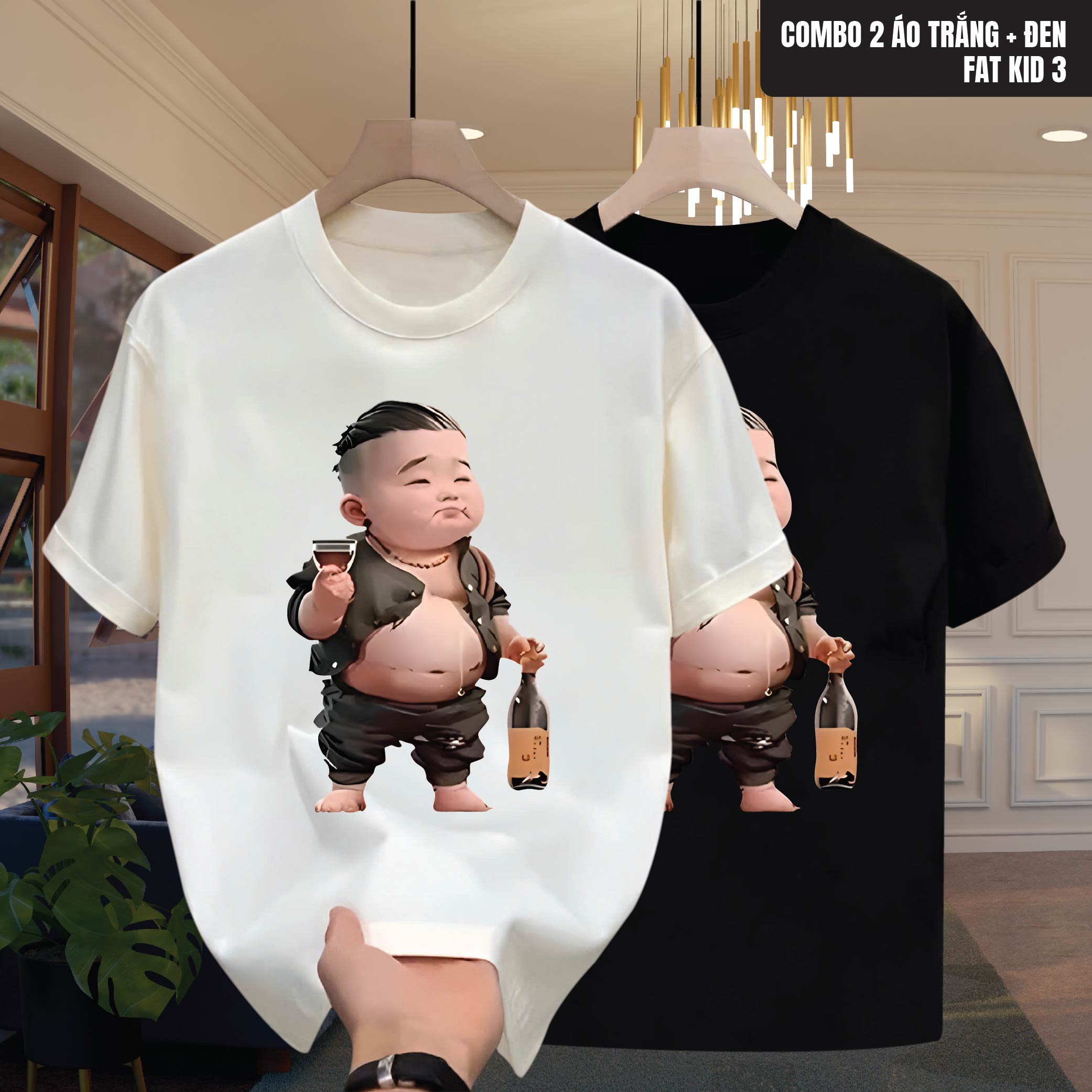 Áo thun cổ tròn nam nữ FAT KID 3 tay ngắn chất cotton mềm mại, áo thun unisex in họa tiết phong cách thời trang mới