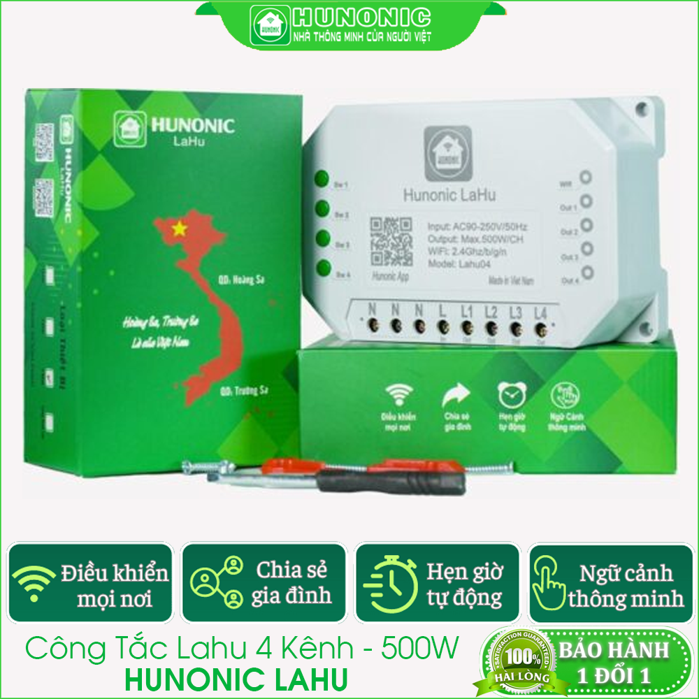 Công tắc thông minh kết nối Wifi Hunonic Lahu 4 kênh - 500W/kênh điều khiển mọi thiết bị từ xa qua điện thoại