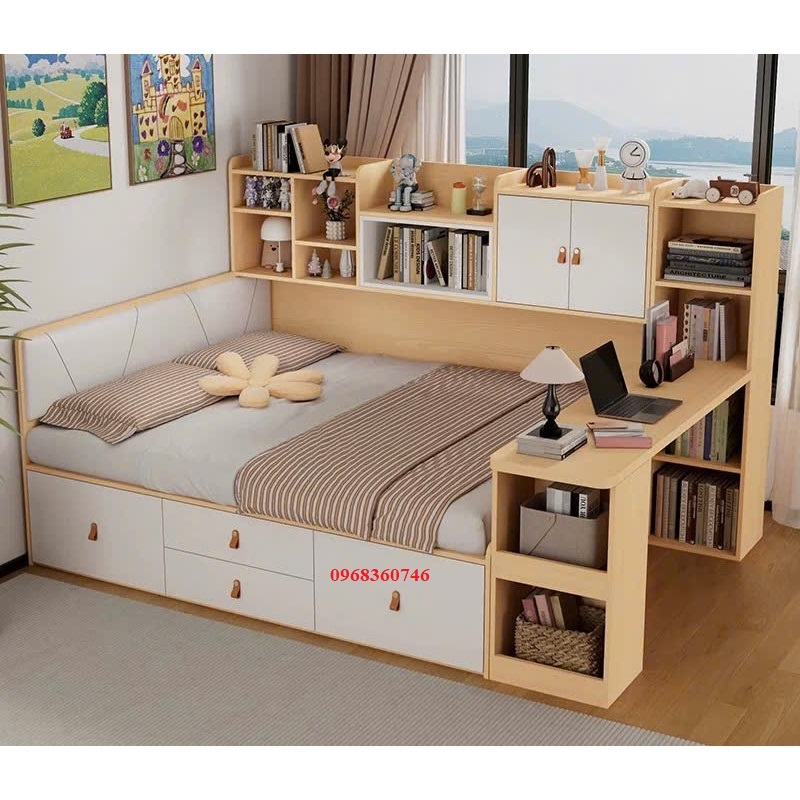 Combo Giường ngủ đa năng kết hợp tủ kệ sách, bàn làm việc và ngăn kéo lưu trữ tiện lợi