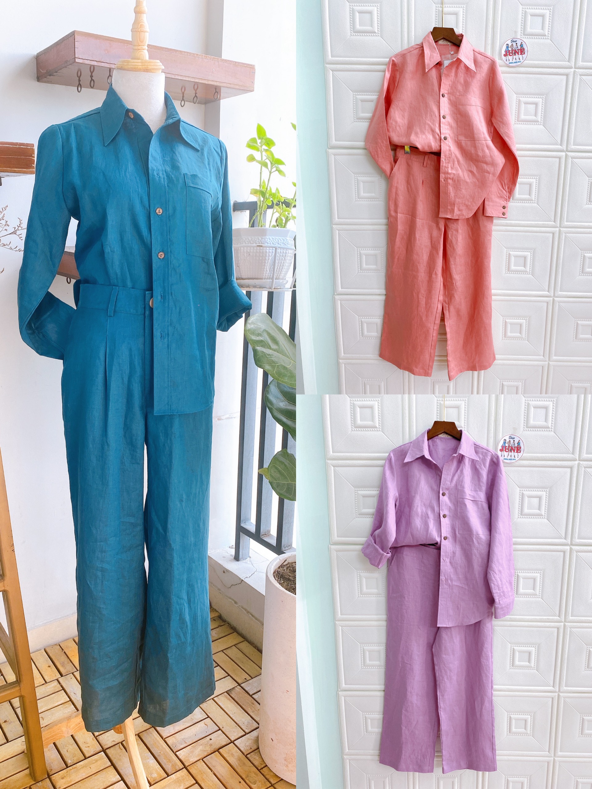 Set linen tưng premium 6 màu, áo sơmi tay dài và quần dài ống suông.