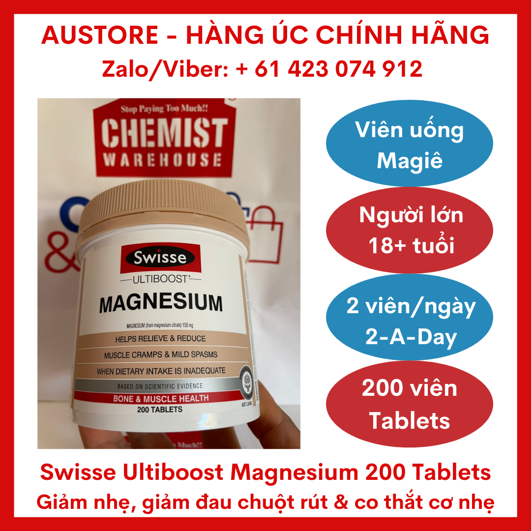 [Bill Úc, Date mới] Swisse Ultiboost Magnesium 200 Tablets - Viên uống bổ sung Magie Swisse giúp giảm nhẹ, giảm đau chuột rút & co thắt cơ nhẹ