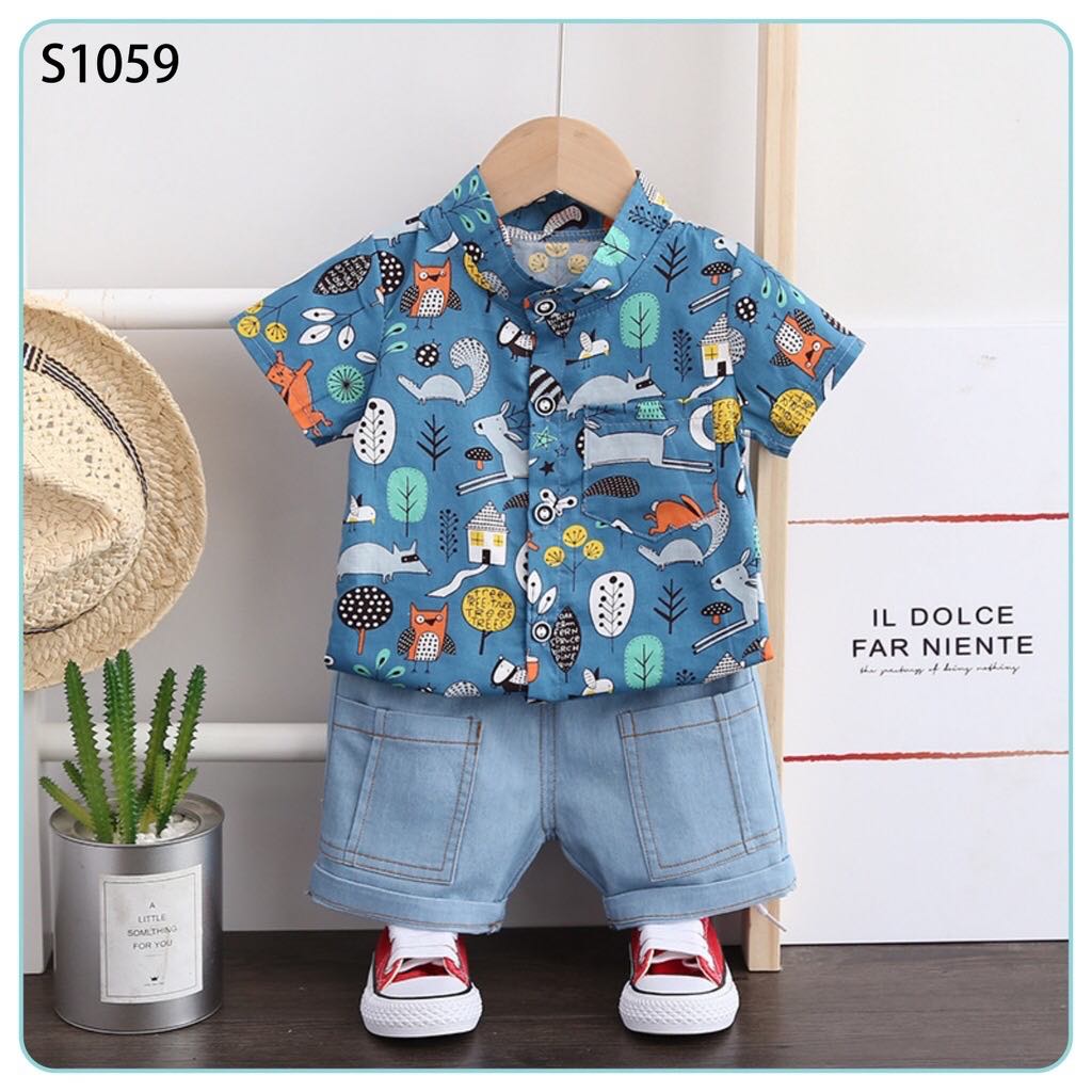 Áo sơ mi con vật quần jean cho bé trai từ 1-4 tuổi