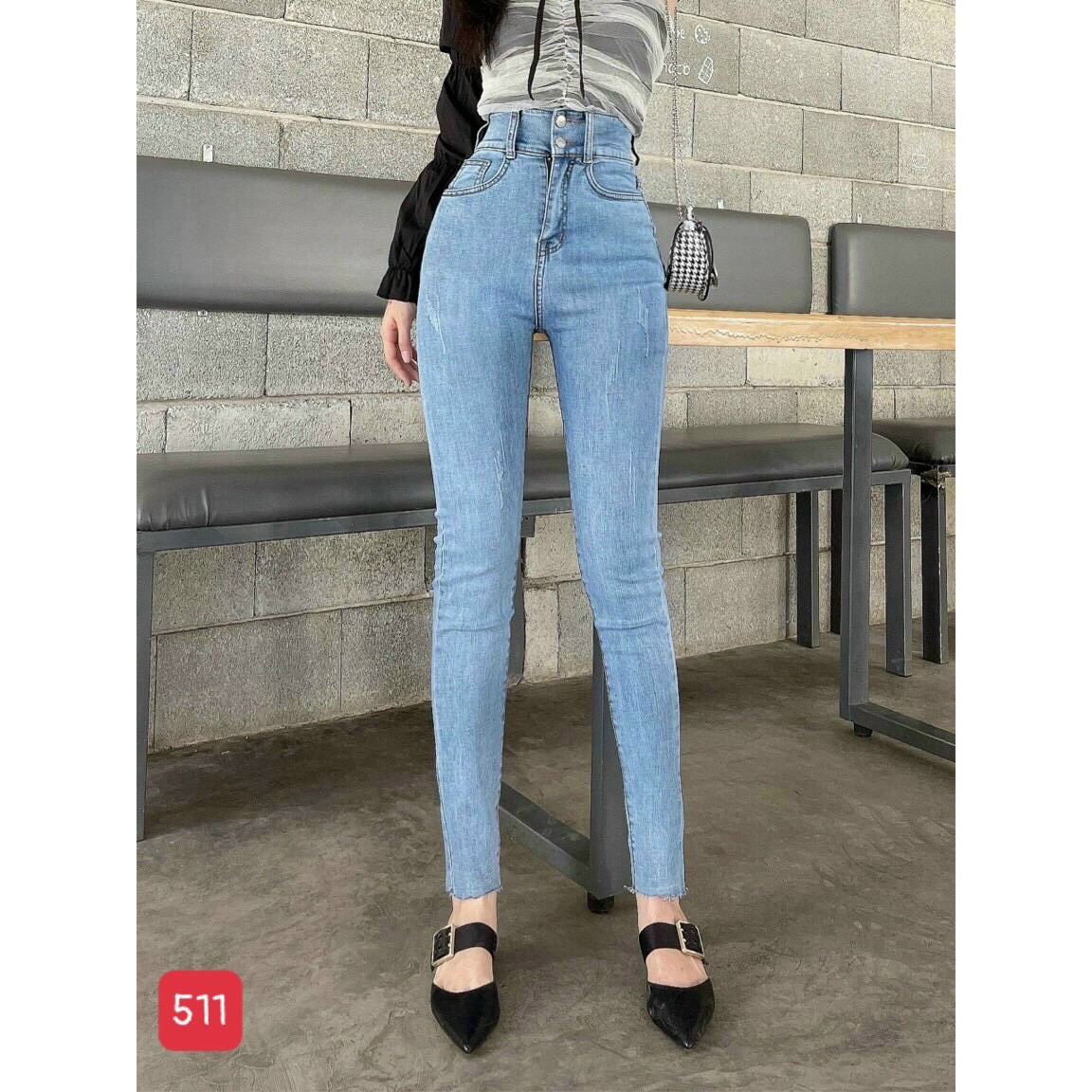 Quần jeans nữ cao cấp Pinky79shop, Quần bò cạp cao nữ lai tua, chất bò co dãn mạnh kv511