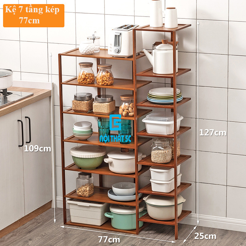 Kệ nhà bếp nhiều tầng, kệ đựng đồ đa năng xếp gọn bằng gỗ tre chống mối mọt đa năng tiện ích