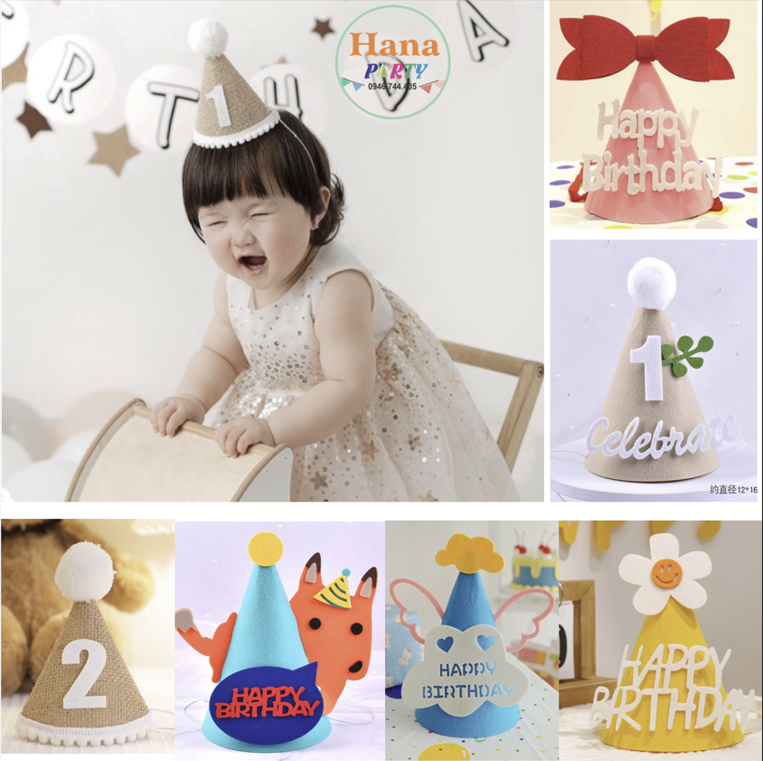 Nón sinh nhật chất liệu cói, vải dạ nỉ phong cách Hàn Quốc dễ thương