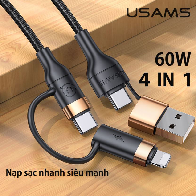 Dây cáp sạc nhanh 4 trong 1 usb + type-c sang type-c ip pd 60w usams