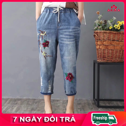 Quần jean baggy nữ bigsize 7 tất lưng thun eo co giãn thêu hoa mai mặc thoải mái cho người từ 45-90kg Akira Store