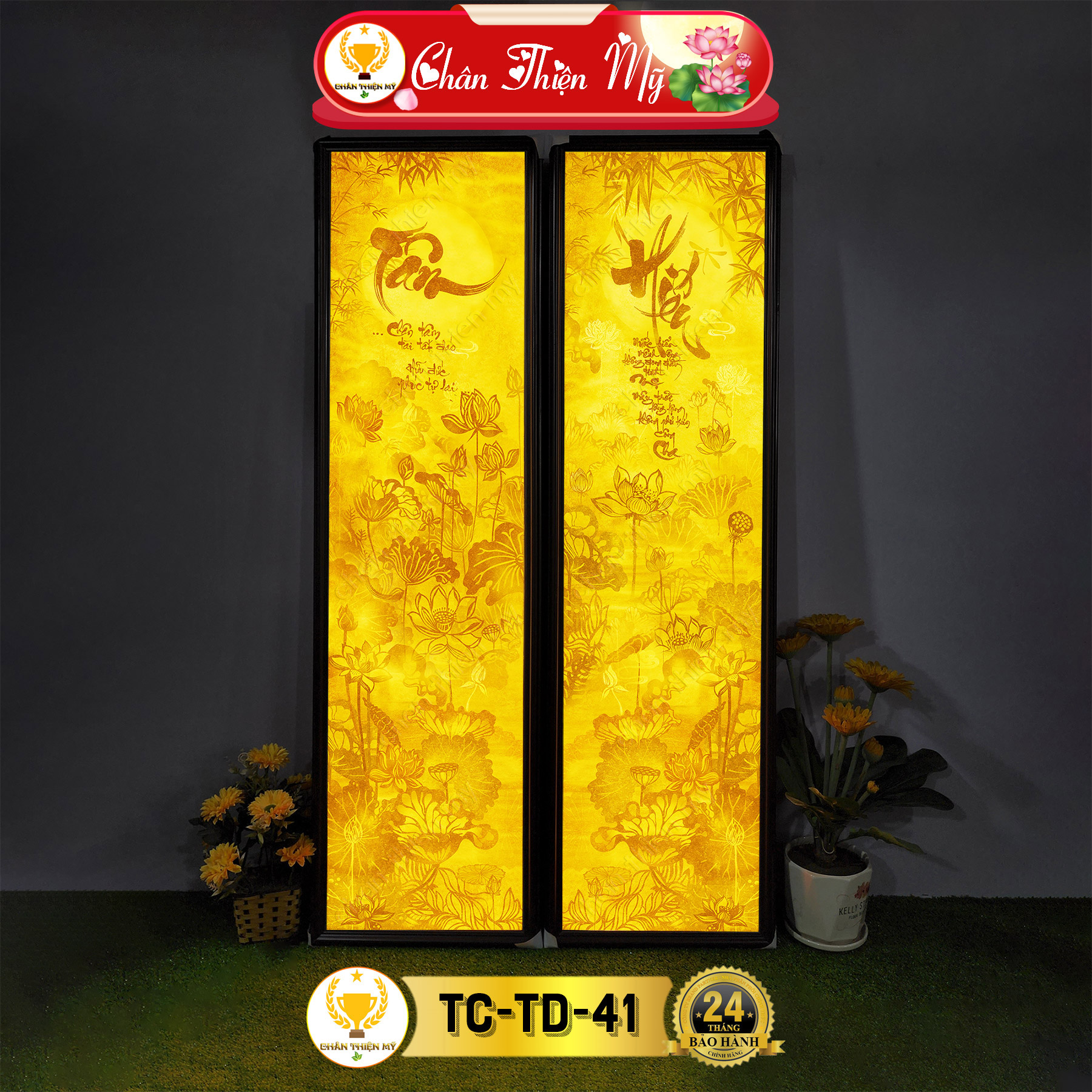 Đèn Bàn Thờ Hoa Sen Câu Đối In Tranh Trúc Chỉ Bộ Đôi CHÂN THIỆN MỸ
