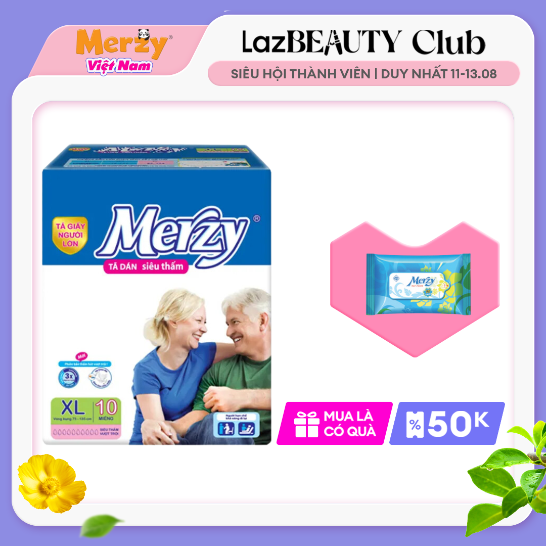 Tã người lớn Merzy bỉm người già size xl 10 miếng bỉm người lớn khô thoáng siêu thấm