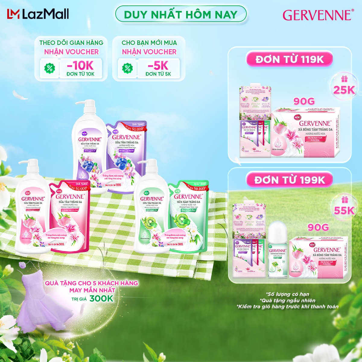 Sữa tắm gervenne dâu tây và lily hồng/kiwi & bạch trà/việt quất & lan nam phi 900g + tặng túi sữa tắm 450g