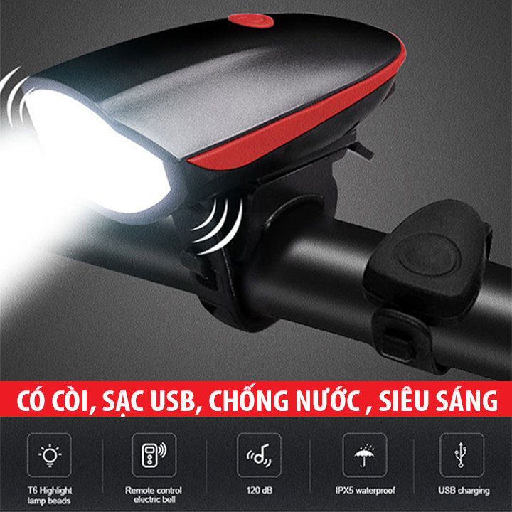 Đèn xe đạp siêu sáng có còi pin sạc usb led T6 cao cấp chống nước thể thao 3 chế độ sáng 5 kiểu còi khác nhau tặng dây sạc