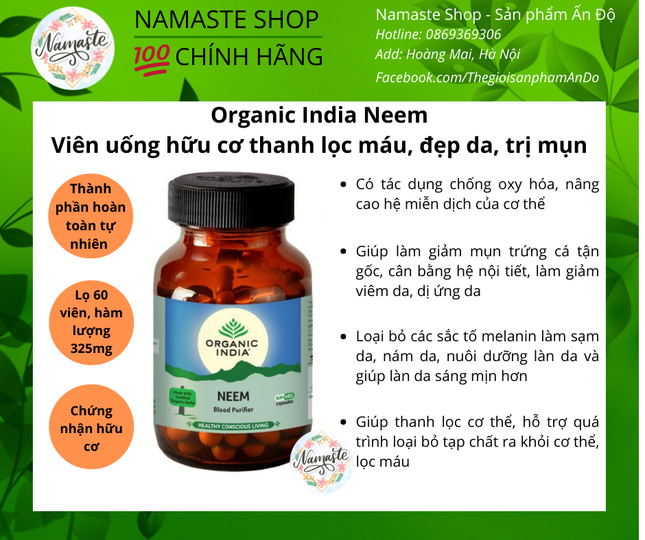 Viên uống hữu cơ neem thanh lọc máu, đẹp da, sạch mụn 325mg- organic india neem 60 viên