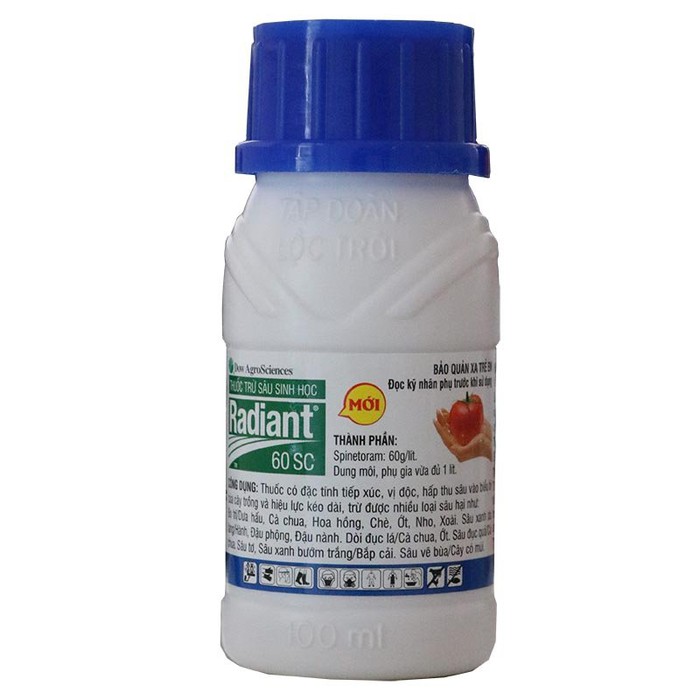Radiant 60SC - 100 ml. Sản phẩm sinh học, sử dụng được nhiều loại cây trồng như: Dưa hấu, Ớt, Hành, Cà Chua, Bắp cải, Đậu nành, Đậu phộng, Lúa, Chè, Cây ăn trái, Hoa kiểng,...
