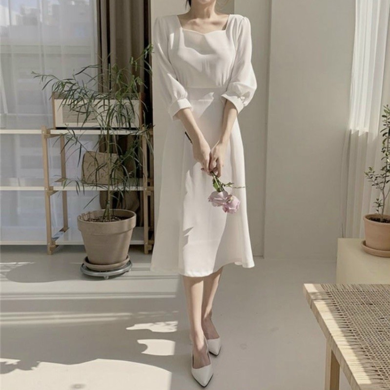 Đầm váy nữ dự tiệc tay dài đuôi cá thăt nơ sau đơn giản nhẹ nhàng thanh lịch , đầm dự tiêc cưới event cực nữ tính 2022 màu trắng xám - dx0064