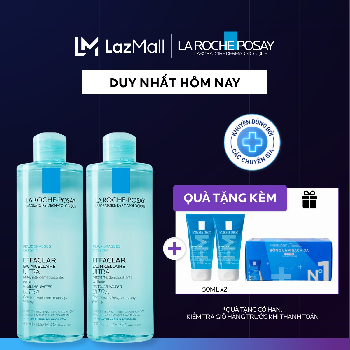 Bộ sản phẩm nước tẩy trang làm sạch sâu giàu khoáng dành cho da dầu nhạy cảm La Roche-Posay Effaclar Micellar Water Oily Skin 400ml
