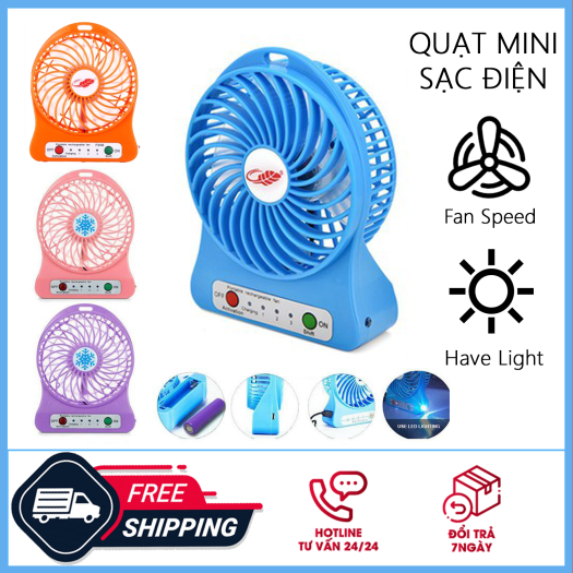 Quạt Mini Cầm Tay Tích Điện 3 Chế Độ Gió, Quạt Cầm Tay Tích Điện Có Cáp Sạc và Đế Để Bàn Tiện Dụng - Quạt sạc mini 3 số kiêm đèn (Màu ngẫu nhiên)
