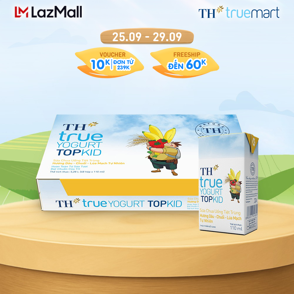 [CÓ QUÀ TẶNG KÈM] Thùng 48 hộp sữa chua uống tiệt trùng TH true YOGURT TOPKID hương dâu-chuối-lúa mạch tự nhiên 110 ml (110 ml x 48)