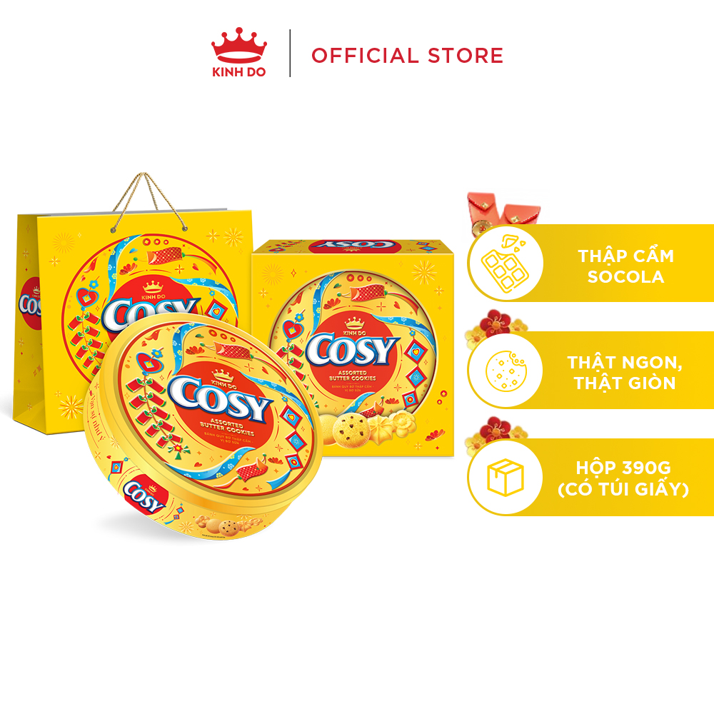[CÓ TÚI GIẤY] Bánh quy Cosy Tết Thập cẩm socola/ Thập cẩm bơ sữa, hộp thiếc quà Tết 390g
