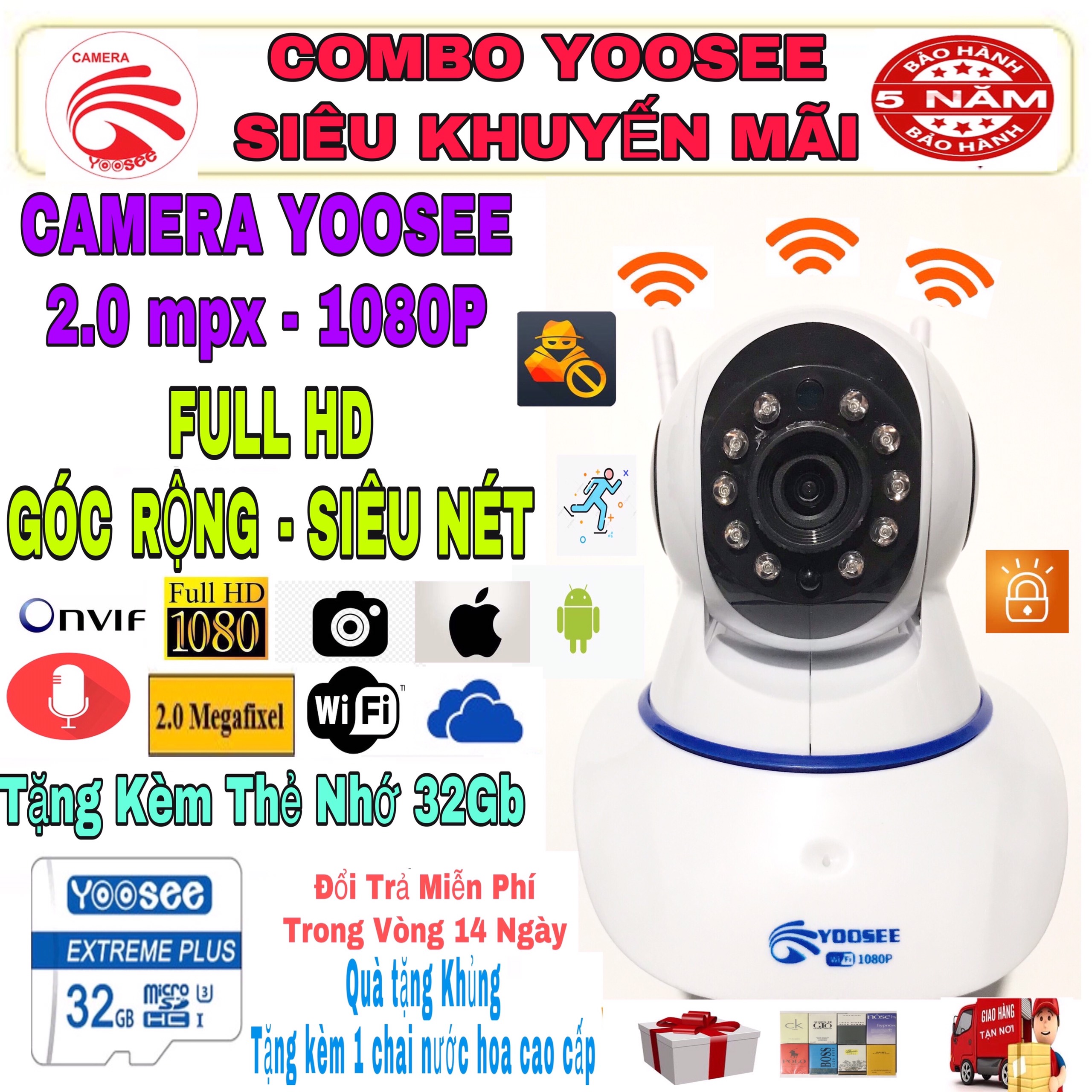 [HCM](KÈM Thẻ Nhớ SD YOOSEE 32 GB. BẢO HÀNH 5 Năm) Camera IP Wifi Yoosee 3 Râu xoay 360 độ độ phân giải FULL HD 2.0MP 1920x1080p Không Dây Camera trong nhà ngoài trời Camera hồng ngoại tích hợp ghi âm lưu trữ dữ liệu.