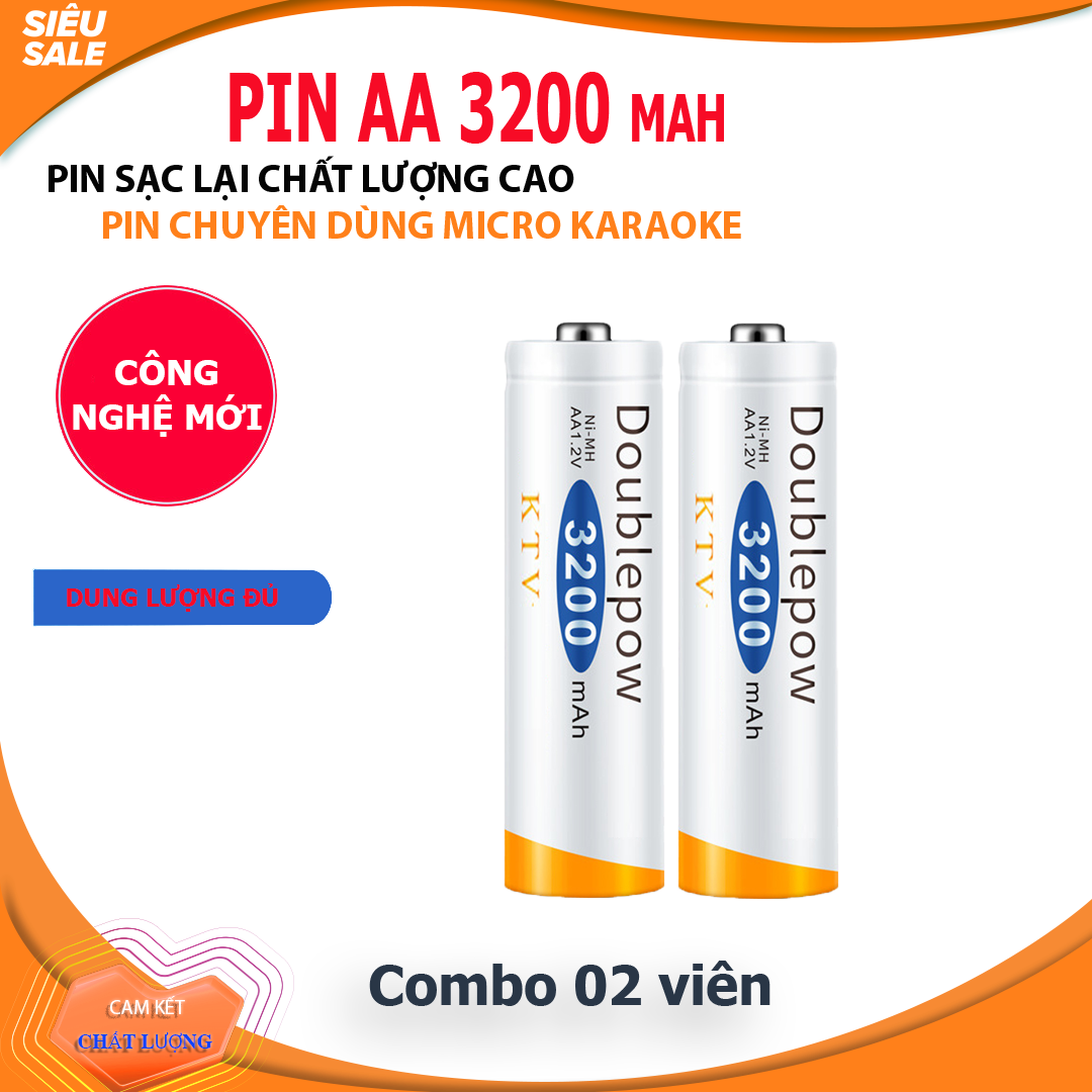Combo 02 viên Pin sạc lại AA 3200mAh - pin chuyên dụng Micro Karaoke dung lượng thực Doublepow (màu trắng cam)