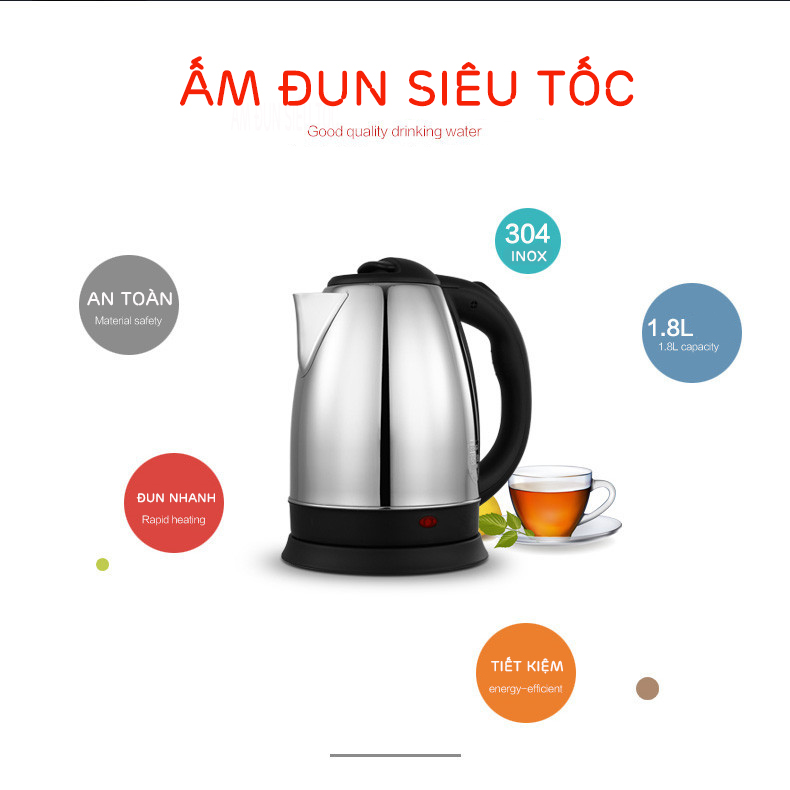 Bình Đun Siêu Tốc 1.8L 1500W , Ấm đun siêu tốc- An toàn cho mọi gia đình,ấm đun nước siêu tốc, âm nước siêu tốc thái lan, bình đun nước giữ nhiệt, am sieu toc giá rẻ, bình nấu nước siêu tốc, ấm điện