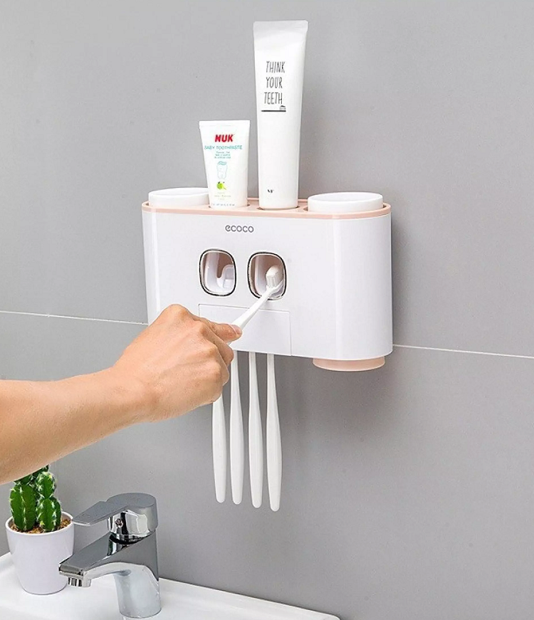 Nhả kem coco quý tộc, Bộ Treo Bàn Chải Nhả Kem Đánh Răng Tự Động Ecoco Dán Tường Không Cần Khoan Đục Cao Cấp Kèm 4 Cốc- Màu ngẫu nhiên